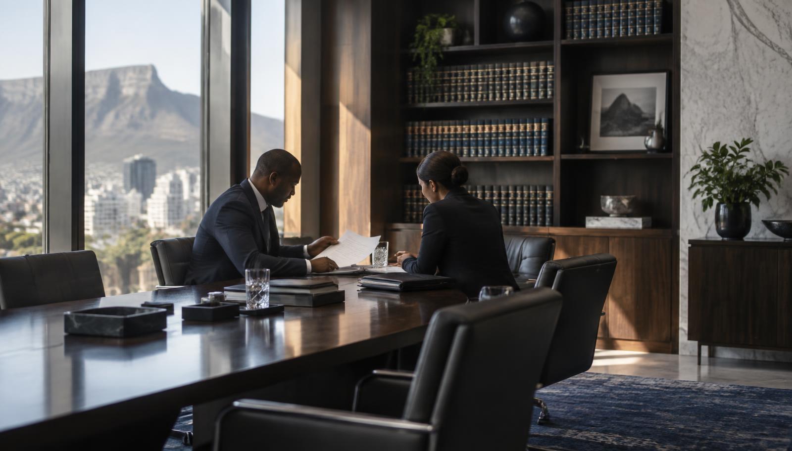 Attorneys reviewing legal documents together in a law-firm boardroom