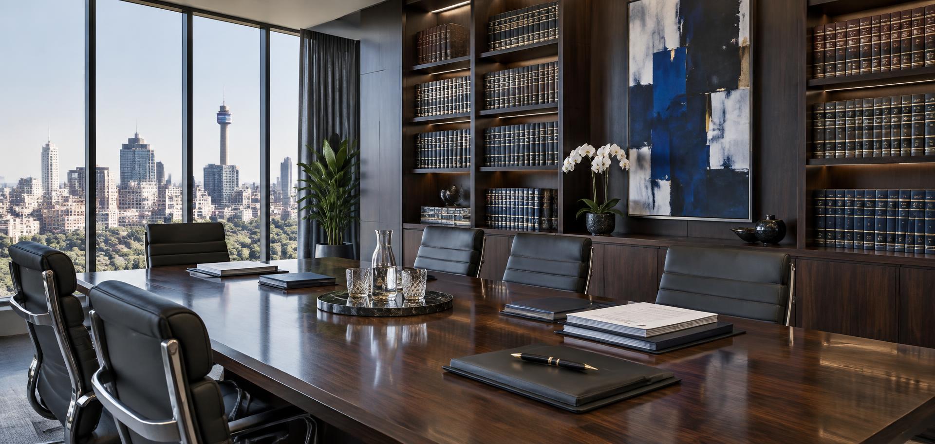 Contemporary corporate law office with a legal library and boardroom